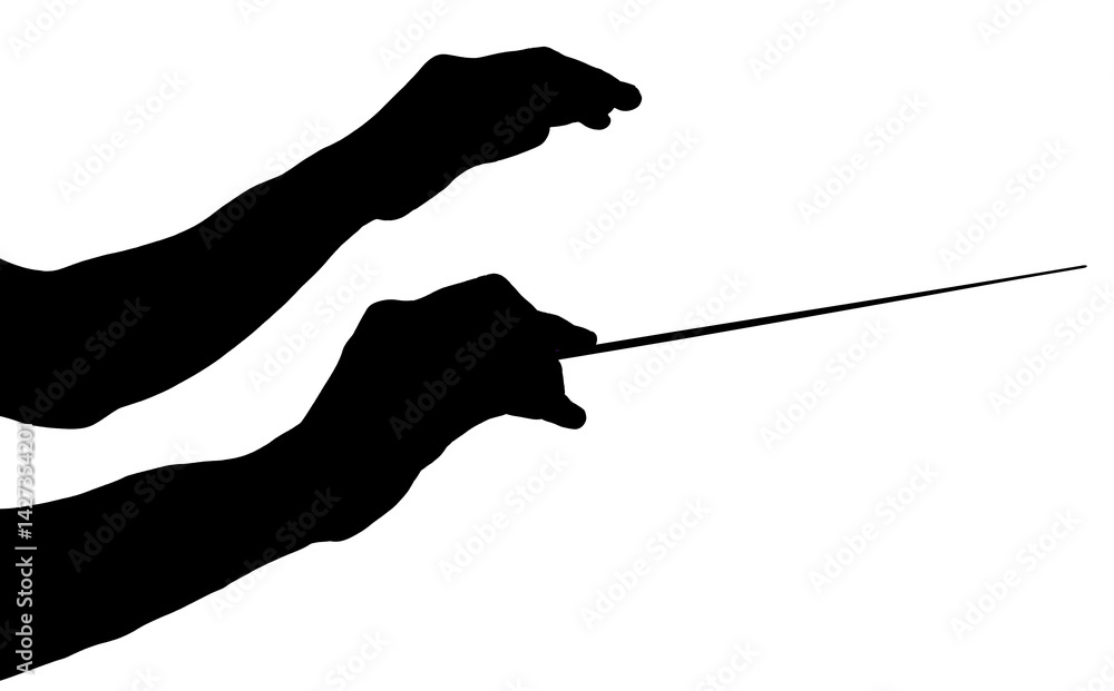 Silhouette of conductor with baton on white background, closeup