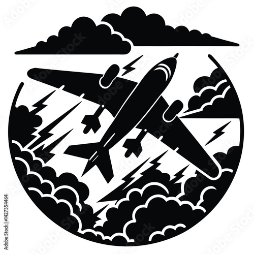 Vintage Airplane Flying Through Stormy Clouds: Black and White Vector Illustration of Aircraft in Dramatic Weather