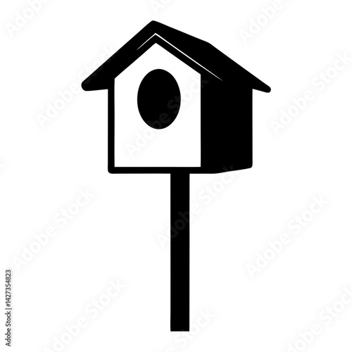 A black and white illustration of a simple birdhouse on a pole
