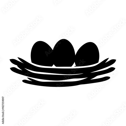 Monochrome illustration of a bird's nest with three eggs inside it