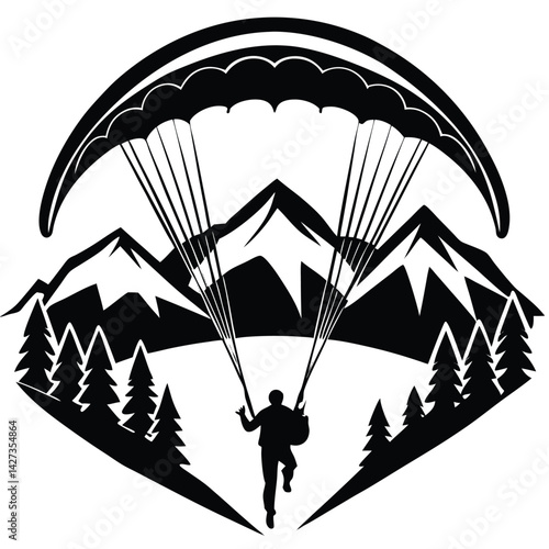 Black and White Paragliding Logo: Silhouette of Paraglider Over Mountains and Trees, Adventure Sport Icon, Vector Graphic