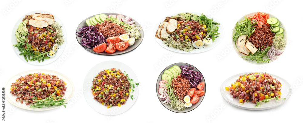 Tasty salads with brown rice isolated on white, set Tasty salads with brown rice isolated on white, set