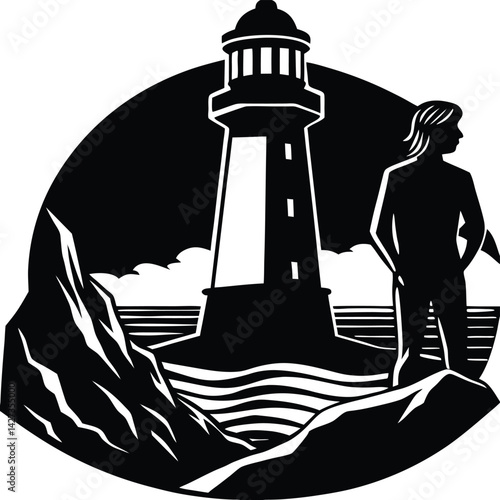 Lighthouse Keeper Silhouette Vector Illustration: Coastal Scene with Person, Lighthouse, Rocks, and Ocean Waves in Black and White