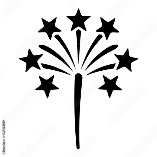 Stylized starburst or firework with seven star shaped accents in silhouette