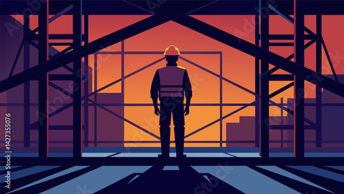 The fading light of day casts a shadow of a construction worker amidst steel beams and scaffolding representing the tireless work and dedication. Vector illustration