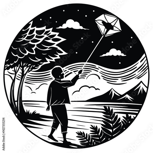 Black and White Woodcut Illustration: Boy Flying Kite by Lake at Night with Mountains, Trees, and Clouds - Vintage Style Art Print