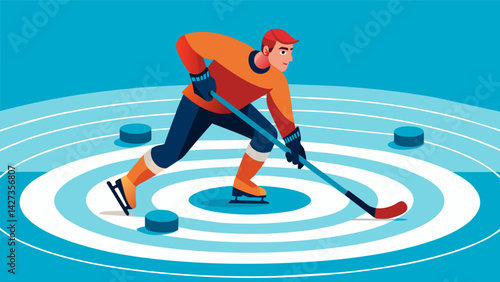 A player skillfully uses their stick to maneuver the puck through a maze of opponents advancing towards the goal.. Vector illustration