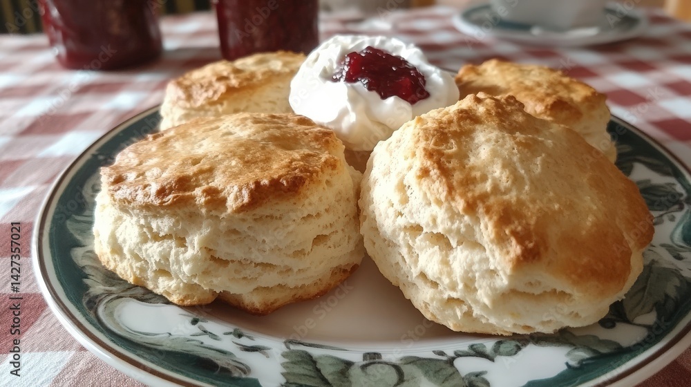 Freshly Baked Scones Served with Cream and Red Fruit Preserves Freshly Baked Scones Served with Cream and Red Fruit Preserves