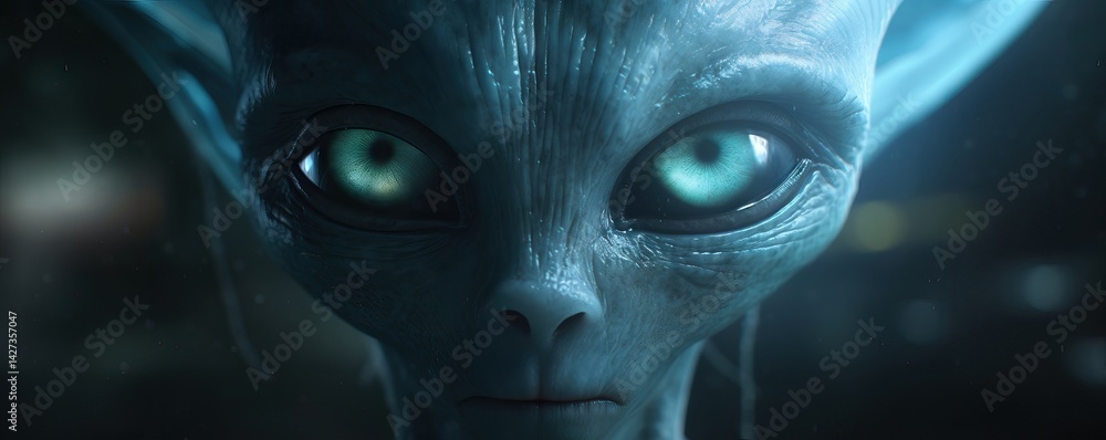 Extraterrestrial being with large glowing eyes in dark background. Alien close-up portrait. Science fiction concept for movie poster or book cover. Mysterious and eerie atmosphere. Extraterrestrial being with large glowing eyes in dark background. Alien close-up portrait. Science fiction concept for movie poster or book cover. Mysterious and eerie atmosphere.