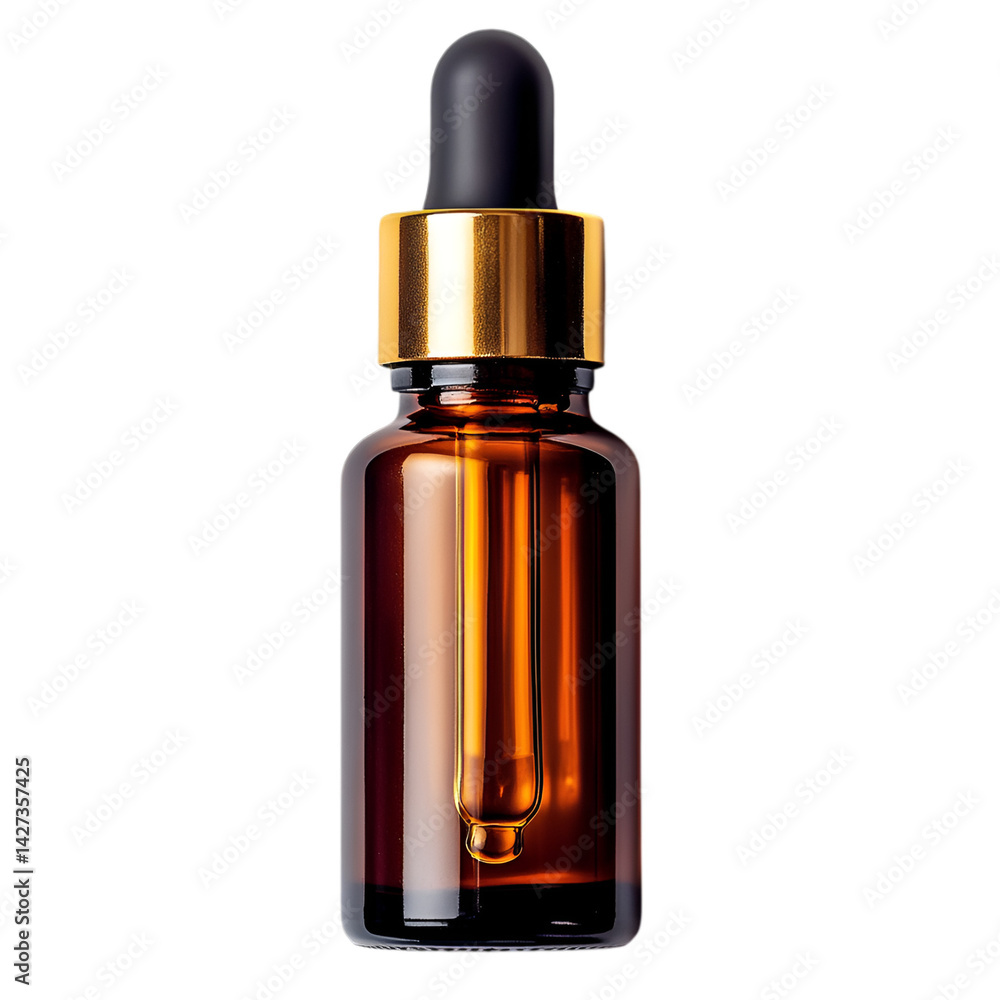 Amber glass bottle with gold cap and dropper essential oil product Amber glass bottle with gold cap and dropper essential oil product