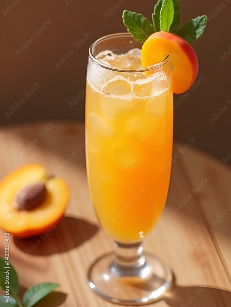 A delightful image of an apricot fizz cocktail, served in a champagne glass with a splash of soda, garnished with an apricot slice A delightful image of an apricot fizz cocktail, served in a champagne glass with a splash of soda, garnished with an apricot slice