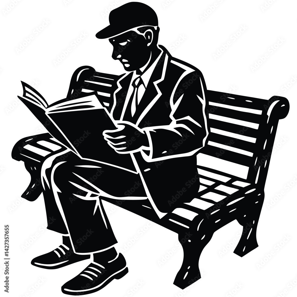 Man Reading Book on Park Bench - Black and White Vector Illustration of a Person Enjoying Literature Outdoors Man Reading Book on Park Bench - Black and White Vector Illustration of a Person Enjoying Literature Outdoors