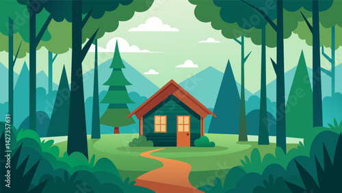 A tranquil forest with a small cabin symbolizing the inner peace and contentment achieved through practicing stoicism.. Vector illustration