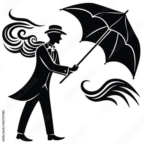 Silhouette of a Dapper Man with Umbrella in Stylized Vector Art: Elegant Illustration of a Gentleman in a Hat with Swirling Designs
