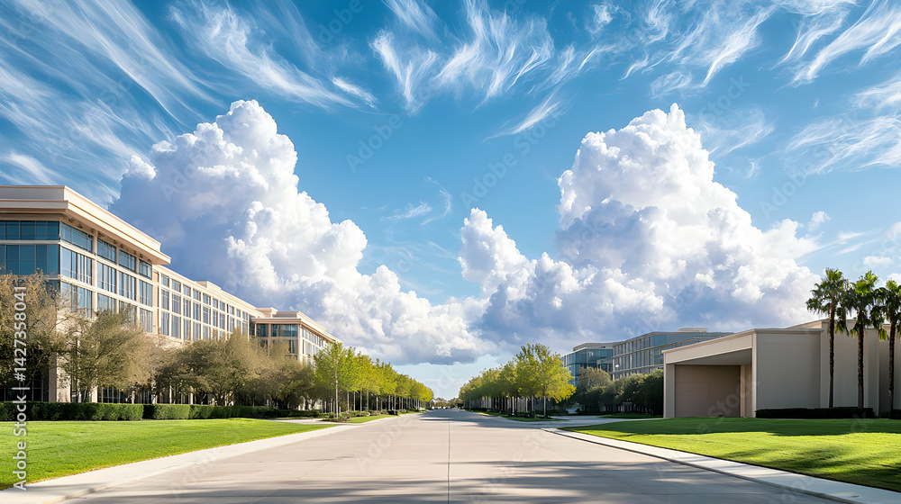 Obraz premium Empty Street Between Modern Office Buildings Under Sunny Sky