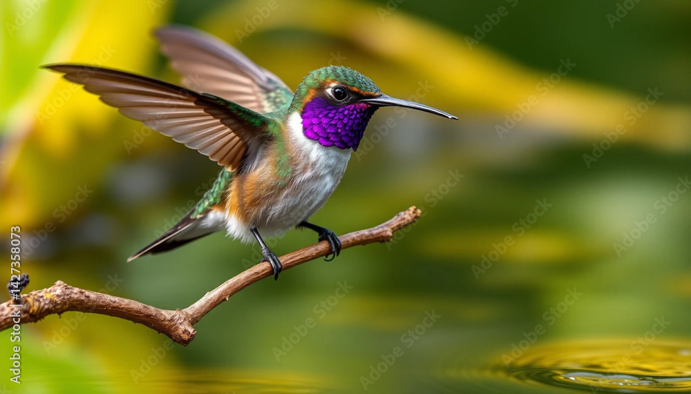 Fototapeta premium Hummingbird Resting on Branch Near Water with Colorful Plumage Detail
