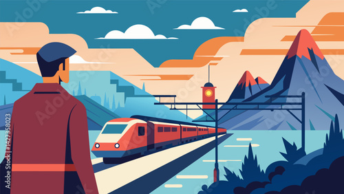 A serene traveler observing a chaotic train station from a distance.. Vector illustration