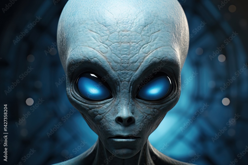 Alien face with glowing blue eyes in dark starry background. Extraterrestrial life concept. Science fiction artwork for book cover, movie poster or gaming design. Alien face with glowing blue eyes in dark starry background. Extraterrestrial life concept. Science fiction artwork for book cover, movie poster or gaming design.
