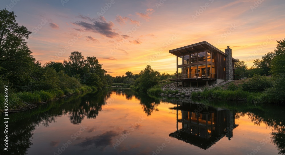 Fototapeta premium Modern two-story house by calm water at sunset with vibrant sky and lush greenery