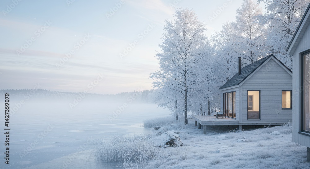 Small modern cabin with warm glow near frozen water at dawn or dusk Small modern cabin with warm glow near frozen water at dawn or dusk