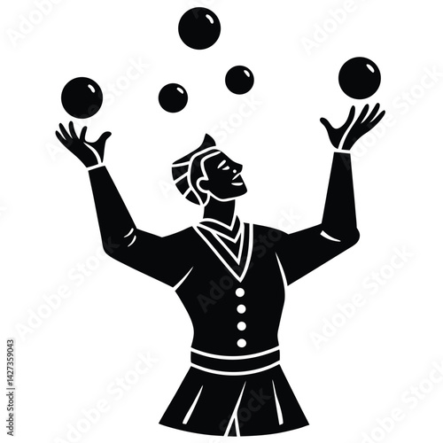 Juggler Silhouette Vector: Circus Performer Juggling Balls, Black and White Illustration, Entertainment, Skill, Showmanship, Art, Graphic Design