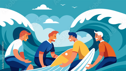 Huddled on their boards the surfers nervously exchange glances mentally preparing for the daunting task ahead conquering the mammoth waves and earning. Vector illustration