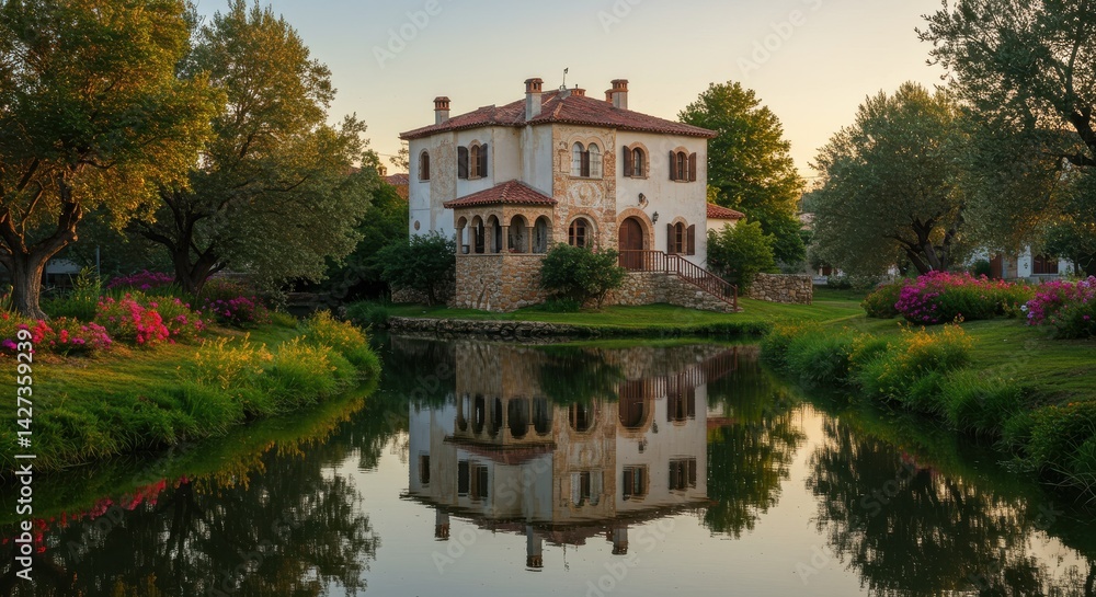 Two-story Mediterranean building with arched windows and red-tiled roof reflected in calm water Two-story Mediterranean building with arched windows and red-tiled roof reflected in calm water