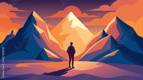 A person standing in front of a mountain range symbolizing the challenges and obstacles one must conquer in order to experience a rebirth of. Vector illustration