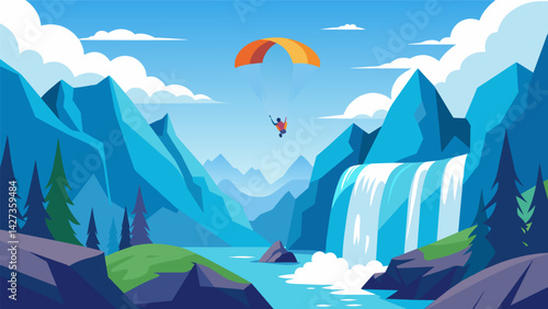 Against the backdrop of towering peaks and cascading waterfalls paragliders compete in a thrilling aerial display of skill and bravery.. Vector illustration