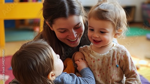 Caring au pair engaging with joyful kids at daycare center