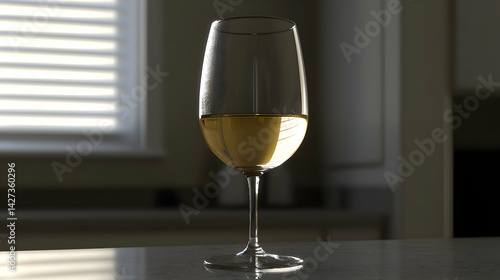 Clear Wine Glass Filled With Gold Liquid On Kitchen Counter