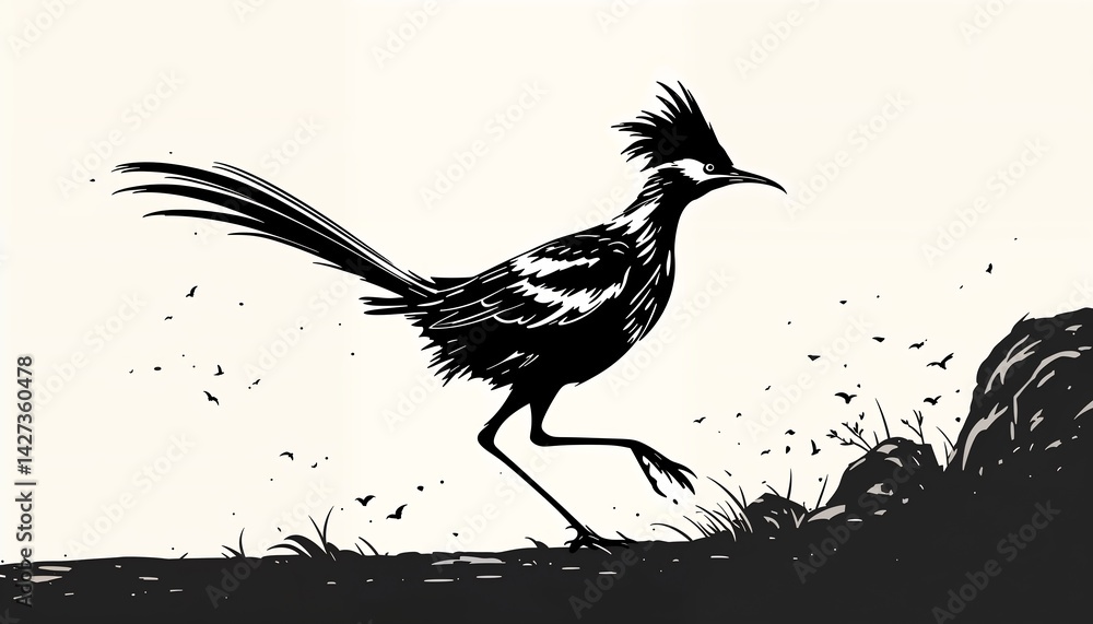 Fototapeta premium Roadrunner Silhouette: A sleek, stylized silhouette of a roadrunner sprints across a minimalist backdrop. Perfect for adding a touch of desert wildlife to your designs.