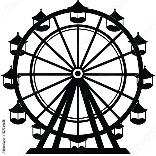 Black and White Ferris Wheel Illustration: Carnival Ride, Amusement Park Attraction, Fairground Fun, Vintage Style Graphic, Vector Image