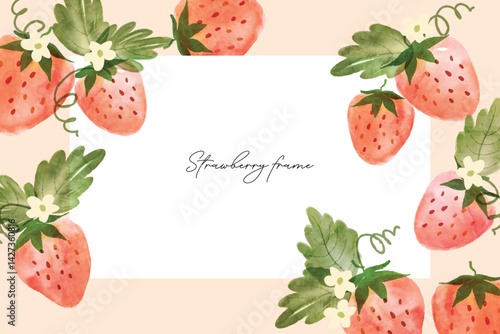Strawberry watercolor frame background. Sweet strawberry in frame. Vector illustration. Strawberry pattern. Fruit berry background. Summer fruit texture