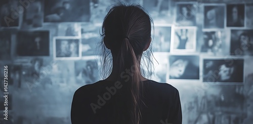 Mysterious Woman Contemplating a Wall of Faces in a Dark Room