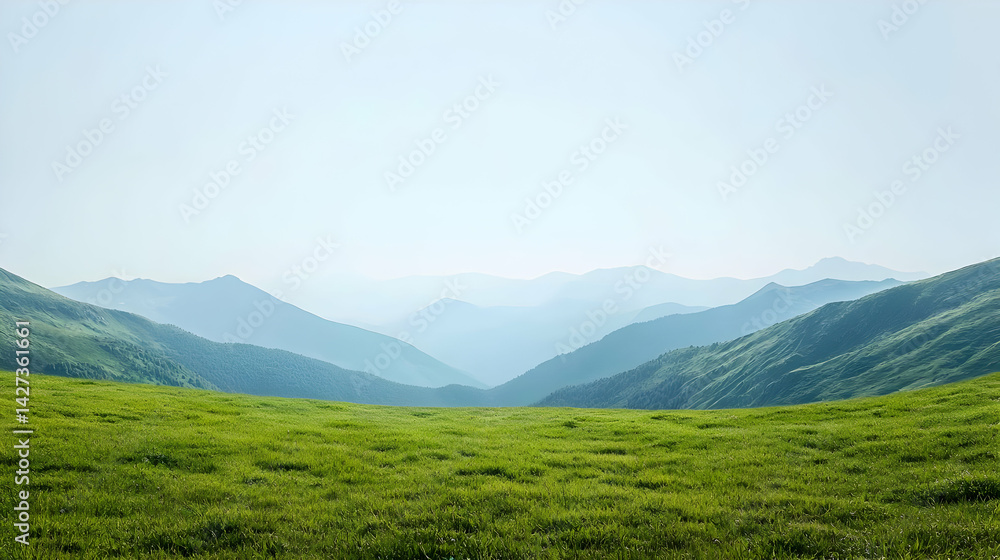Fototapeta premium Green Valley Panorama With Misty Mountains