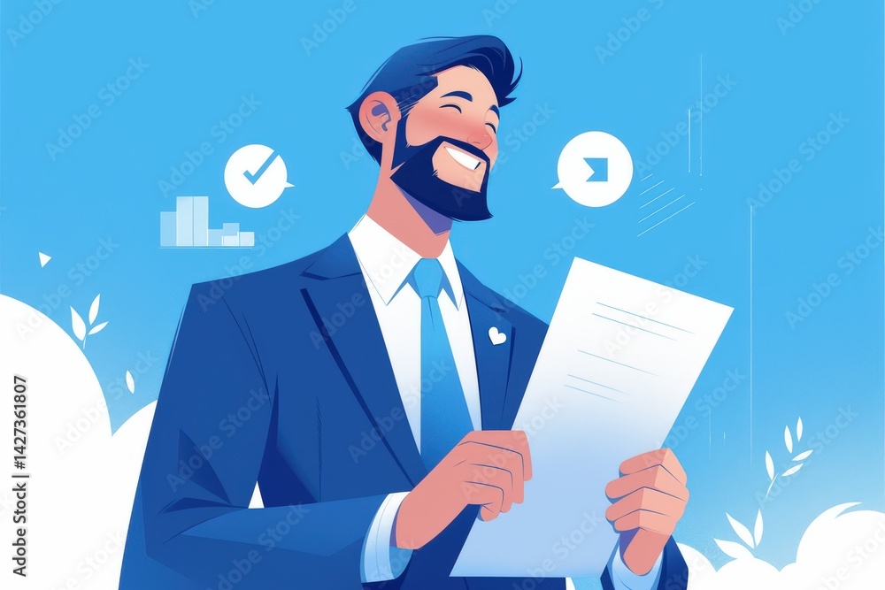 Confident man in a suit smiles while reading documents in a blue setting Confident man in a suit smiles while reading documents in a blue setting