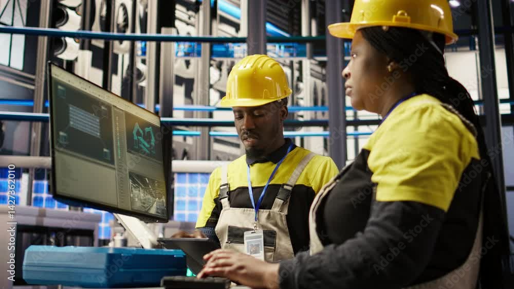 Manager supervising technician in industrial plant using PC software to diagnose malfunctions. Factory team leader working with coworker to coordinate repair tasks on assembly lines, camera A Manager supervising technician in industrial plant using PC software to diagnose malfunctions. Factory team leader working with coworker to coordinate repair tasks on assembly lines, camera A