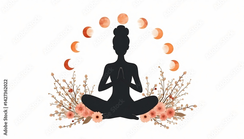 Lunar Yoga Meditation: A serene silhouette of a woman meditating in a yoga pose, enveloped by a circle of crescent moons and delicate floral arrangements. Lunar Yoga Meditation: A serene silhouette of a woman meditating in a yoga pose, enveloped by a circle of crescent moons and delicate floral arrangements.