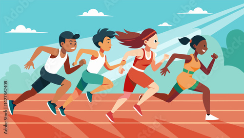 A group of young track and field athletes racing each other in sprints competing to be the fastest at the training camp.. Vector illustration