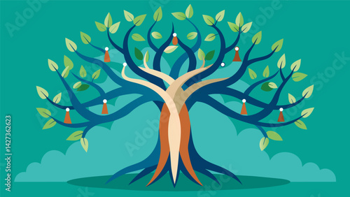 A tree with multiple trunks intertwined and supporting each other signifying the importance of seeking support and guidance from others while on the. Vector illustration