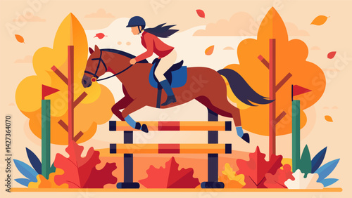 Against a backdrop of fall foliage a rider and her chestnut horse soar over a series of brightly painted jumps the crisp air adding an extra level of. Vector illustration