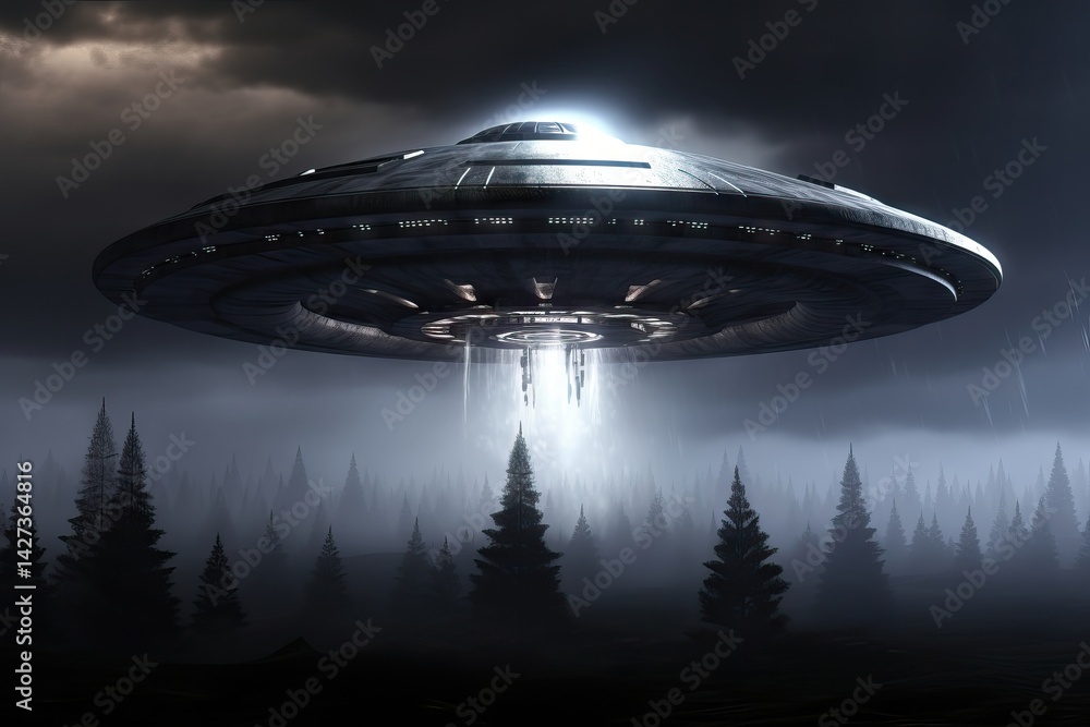 Obraz premium Alien spacecraft hovering over misty forest at night. Mysterious UFO with glowing lights abducting from pine trees. Extraterrestrial visit concept for science fiction story or alien invasion movie