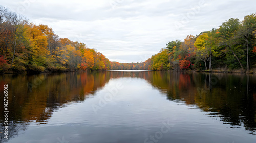 Autumn Foliage Reflecting On Calm Lake