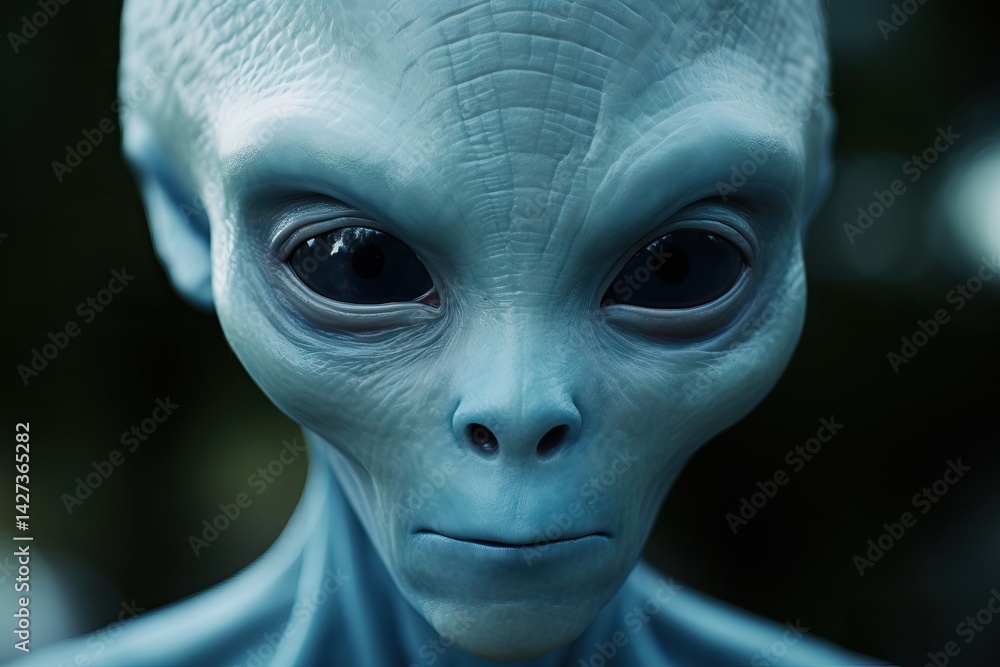Close-up portrait of extraterrestrial being with large black eyes and pale blue skin. Alien concept for science fiction, UFO, and space exploration themes. Mysterious and otherworldly. Close-up portrait of extraterrestrial being with large black eyes and pale blue skin. Alien concept for science fiction, UFO, and space exploration themes. Mysterious and otherworldly.