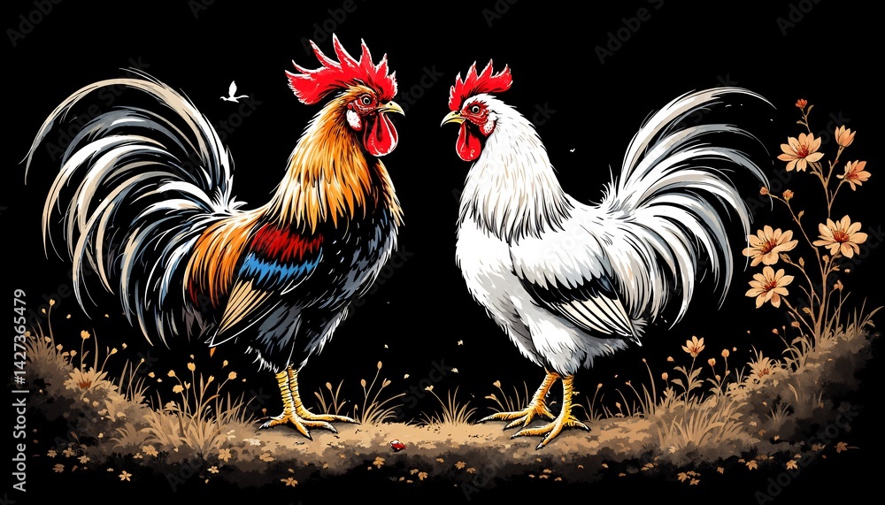 Fototapeta premium Colorful Rooster in the Dark: A visual feast of a vividly illustrated rooster stands proudly against a dark background, its vibrant plumage and regal demeanor capturing the essence of rural charm.