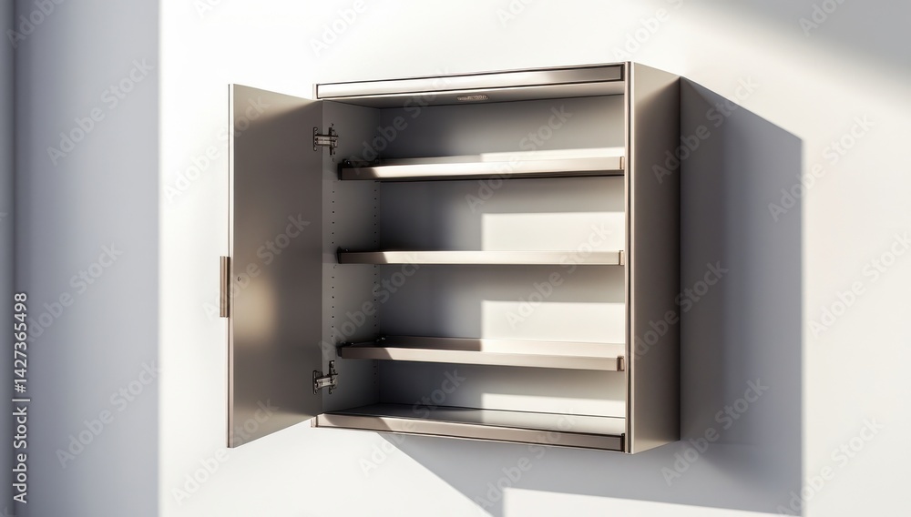 Modern Brushed Metal Wall-Mounted Cabinet with Open Door and Empty Shelves Modern Brushed Metal Wall-Mounted Cabinet with Open Door and Empty Shelves