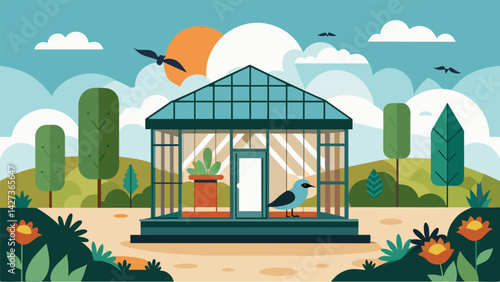 A custombuilt aviary with artificial daylight cycles climate control and native plants for happy and healthy birds.. Vector illustration