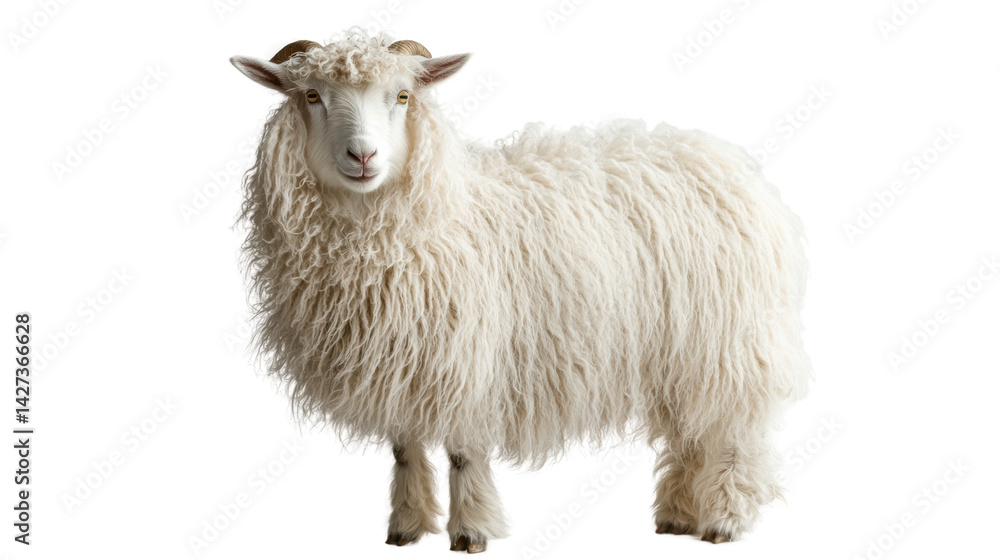 Naklejka premium Fluffy white sheep standing gracefully in profile.