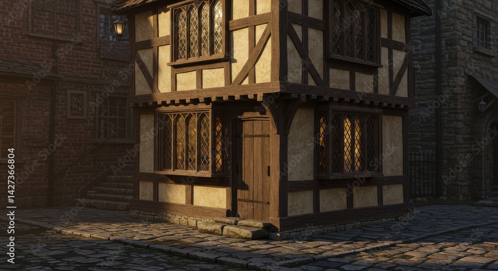 Fototapeta premium Historic timber-framed building with leaded glass windows on a cobblestone street